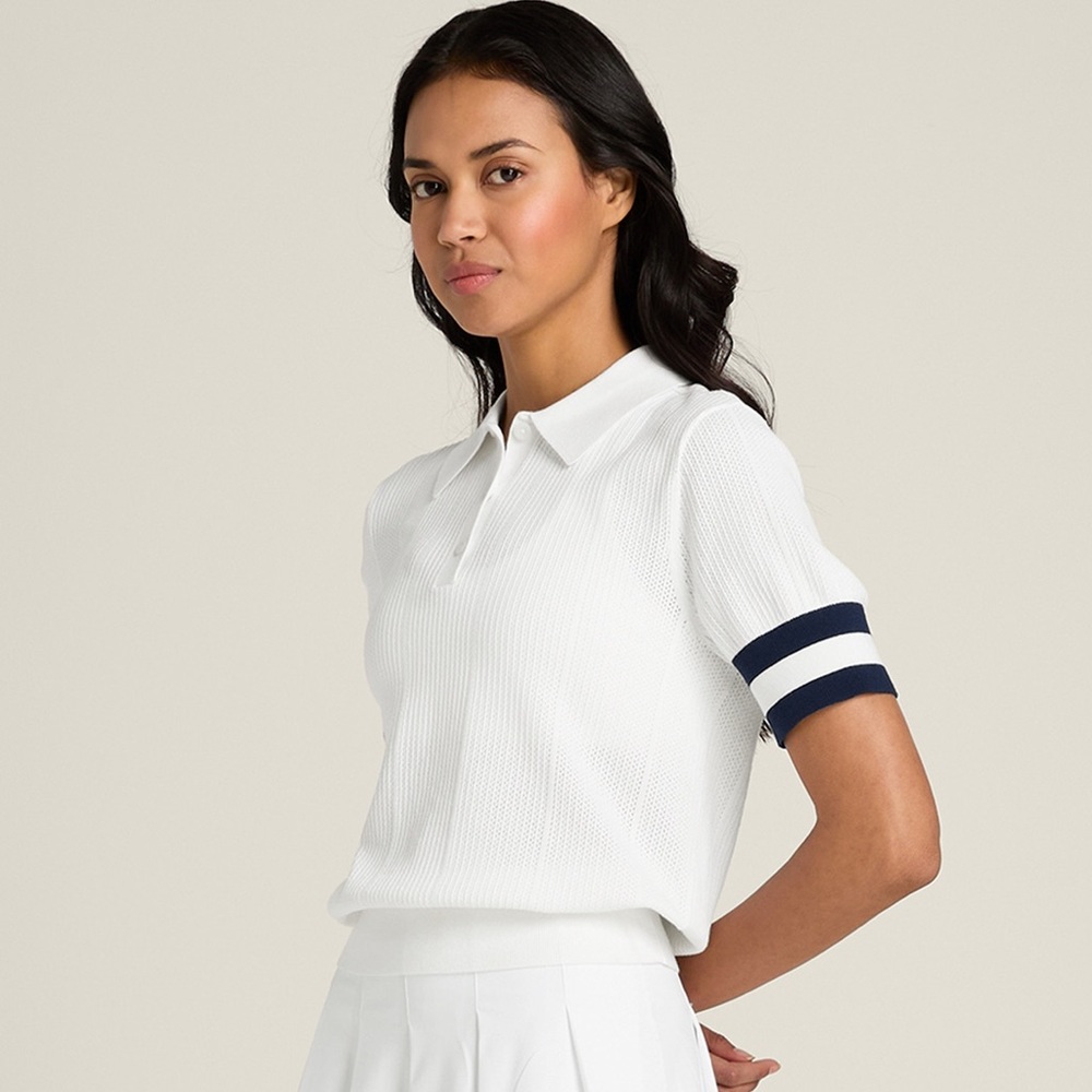 Wilson Essex Polo Sweater Knit Short Sleeve Top Bright White Navy Stripe Small - Picture 8 of 11